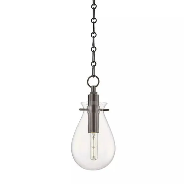 Small pendant light with clear teardrop glass shade and dark metal hardware hanging from a chain