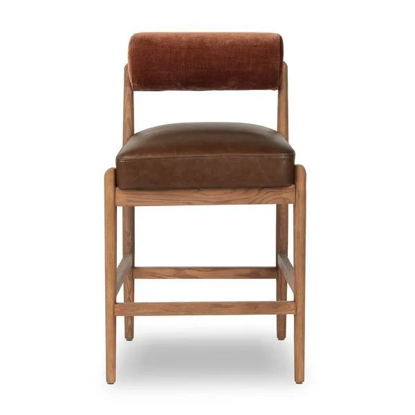 Jazelle Havana Brown Counter Stool with bolstered cylinder seat back, brown leather seat, and warm-finished oak frame fron...