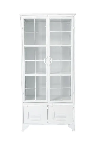 White Oxford Glass Door Cabinet with two glass doors featuring grid pane design and two locker-style doors below
