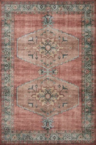 Rectangular vintage style rug with old-world medallion motifs in spice and aqua tones