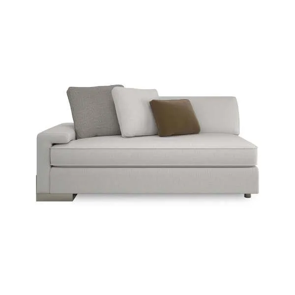 Neutral-toned sectional sofa with wide shelf-arm and three cushions, one brown and two textured light gray