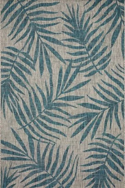 Rectangular grey rug with aqua tropical leaf pattern in a tightly woven power-loomed texture