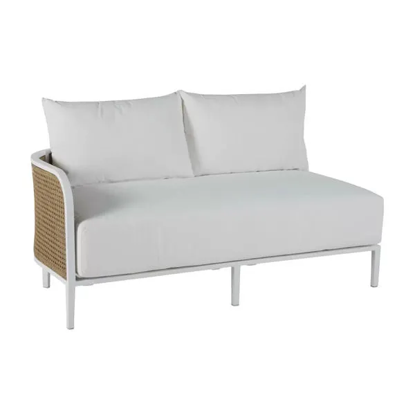 Havana Left Arm Facing Sofa with white cushions and woven rattan detail on left arm, supported by white metal legs