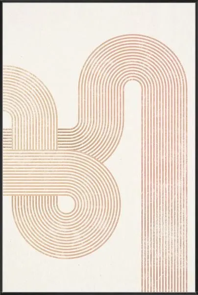 Abstract painting with interlocking curved lines forming a geometric pattern in soft beige and terracotta tones on a light...