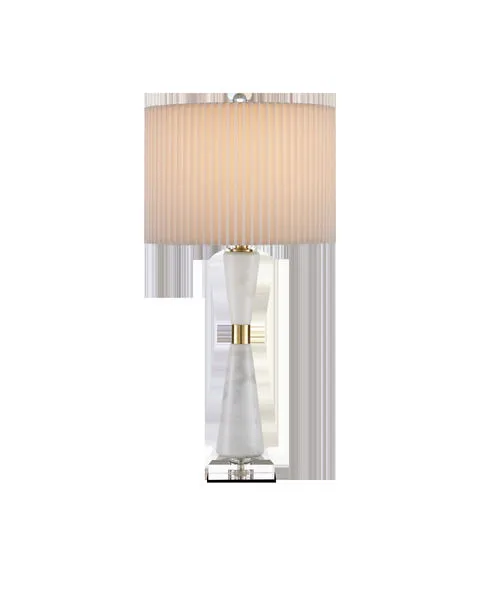Edelmar White Table Lamp with tapered white marble body, brass ring midsection, optic crystal base, pleated off-white shade