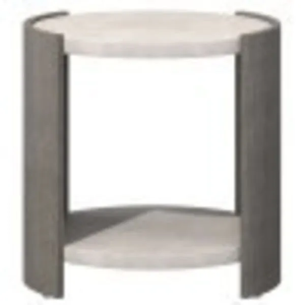 Round Prado side table with Porcini finish curved wood panels and round glass-reinforced concrete top and bottom shelves