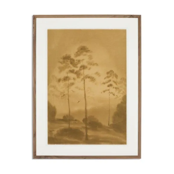 Rustic walnut framed painting titled Amongst The Giants by Chelsea Fly, depicting tall trees in muted brown tones with a s...