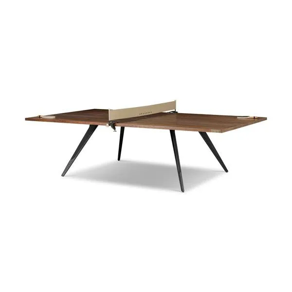 District Eight ping pong table with oak plane top, black cast iron legs, and beige leather sling net