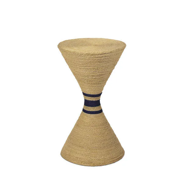 Hourglass-shaped end table wrapped in natural fiber with bold navy stripes around the midsection