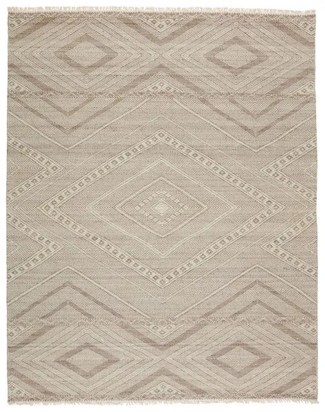 Handwoven Suriya area rug with taupe and cream tribal diamond geometric pattern and short fringes