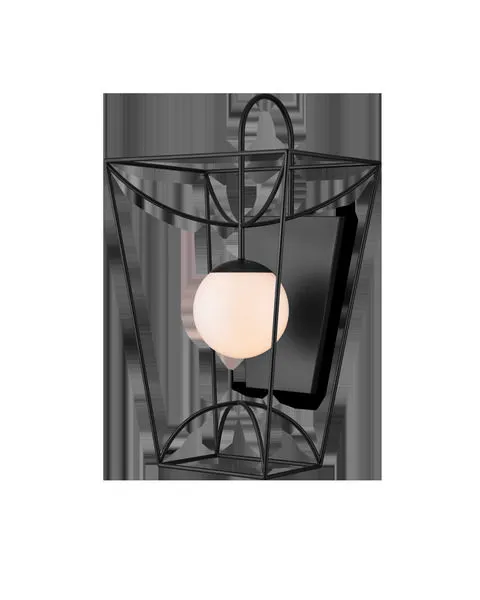 Rochefort Large Wall Sconce with black powder-coated metal frame and central milky white glass globe lantern design