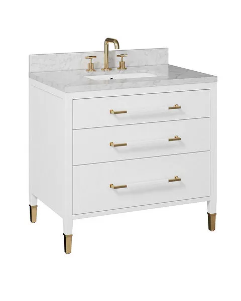 36-inch white bathroom vanity with white Carrara marble top and rectangular undermount sink, gold handles and leg ferrules