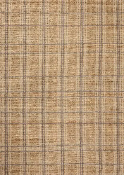 Judy Natural Stone Rug with a neutral plaid pattern in tan and grey, handwoven jute and cotton fibers