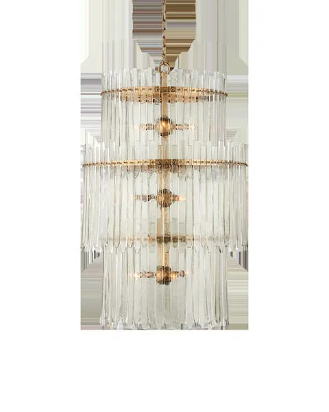 Three-tier chandelier with antique brass rings and two sizes of clear glass bars resembling icicles