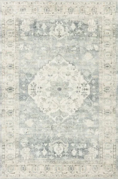 Rosette Denim Fog vintage style rug with a classic medallion pattern in soft denim blue and fog tones, plush texture