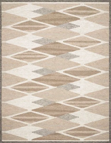 Evelina Taupe / Bark hand-woven rug with geometric diamond shapes in neutral taupe, beige, and gray tones