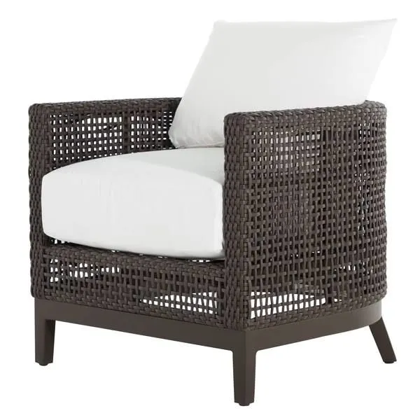 Peninsula Mahogany Barrel Chair in dark woven frame with white cushions and square legs