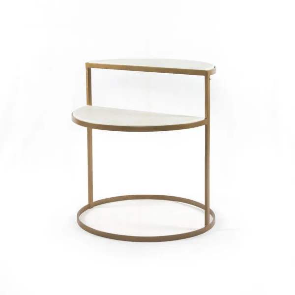 Bonnell Nightstand with polished white marble semi-circle shelves on slim antique brass iron frame