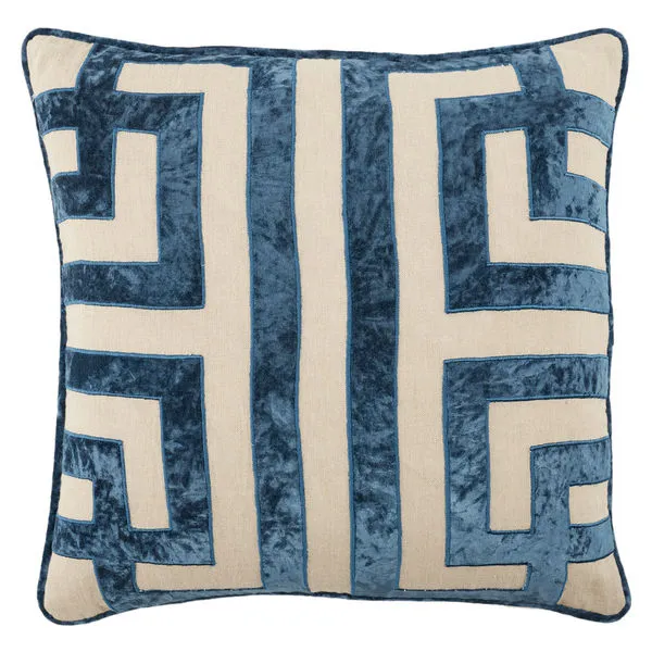 Square pillow with blue velvet Greek key geometric pattern on beige linen, piped edges, and applique embroidery