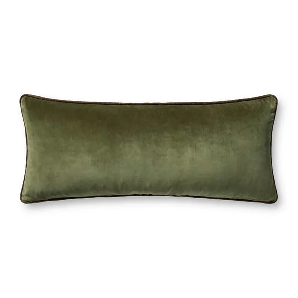 Olive green velvet elongated throw pillow with brown piped edges measuring 13 by 35 inches