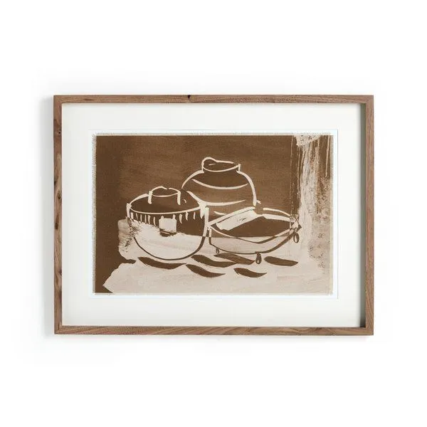 Minimalist two-tone still life painting of vessels in muted brown and cream tones, framed in wood