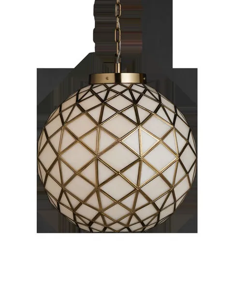 Polyhedron Small Pendant with triangular white glass panes outlined in antique brass frame