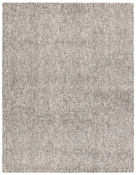 Hand-tufted wool area rug in solid gray and cream with tweed-inspired duo-tone texture and subtle black accents