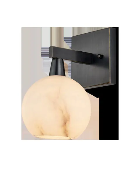 Bombelles Bath Wall Sconce with a round alabaster globe and oil-rubbed bronze square backplate and arm