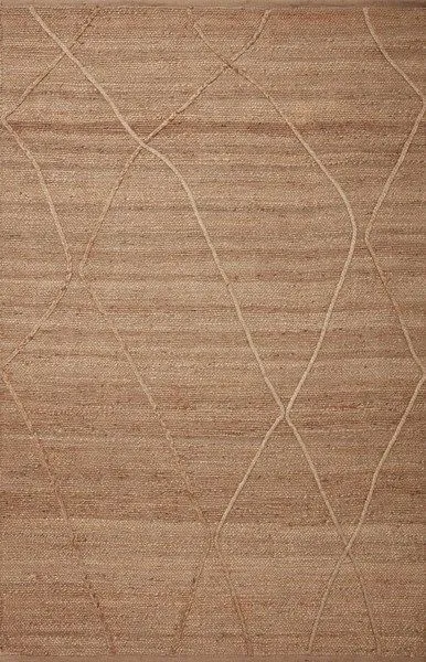 Natural jute rug with tonal linear and braided Moroccan-inspired pattern in warm beige shades