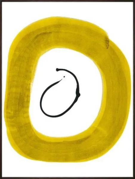 Abstract painting with a vibrant yellow circular brushstroke and a black oval shape in the center, set against a white bac...