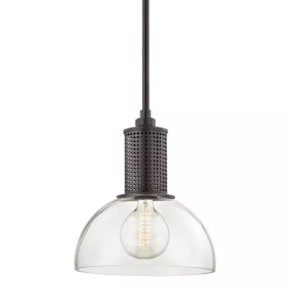 Halcyon 1 Light Pendant with clear dome glass shade and black diamond-perforated metal fitter above vintage filament bulb