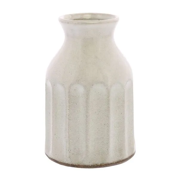 Classic white ceramic Avi Vase with rounded ribs and a flared neck, matte finish with subtle speckling