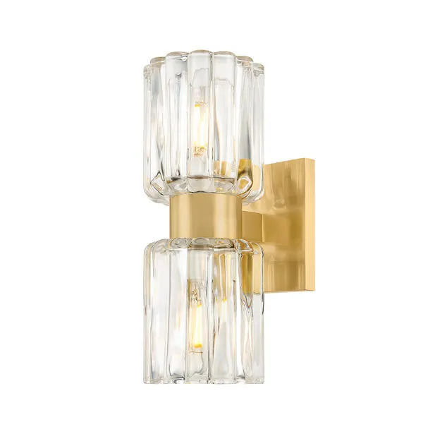 Danae Bath And Vanity sconce with two fluted glass shades and aged brass finish shown from front angle