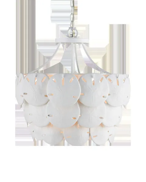 Tulum Medium Chandelier with layered semi-translucent white sand dollars in bone china on curved metal frame