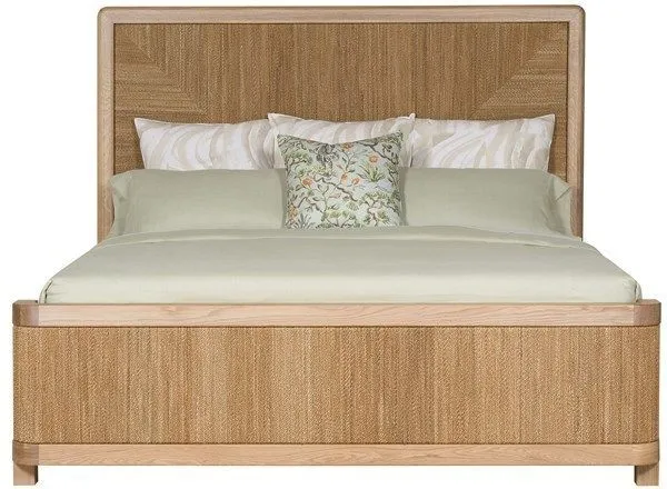 Modern California King bed with light wood frame and neutral woven upholstered panels, featuring curved wood trim