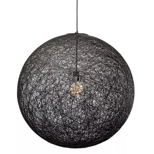 String 30 Pendant Light with lightweight black molded string spherical shade and visible lit bulb inside