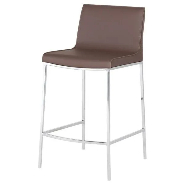 Angled view of Colter Counter Stool emphasizing smooth seat contour and reflective metal frame