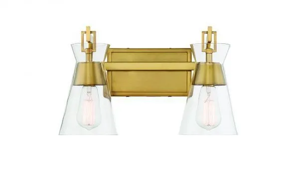 Lakewood 2 light bath vanity with clear conical glass shades and warm brass angular shepherd’s hook frame