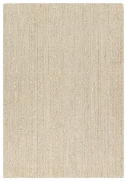 Handmade striped area rug in ivory and beige with textured natural fibers, 5 by 8 feet