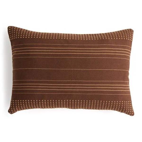Rectangular handwoven pillow with brown and tan repeating check and stripe Bhujodi-inspired pattern