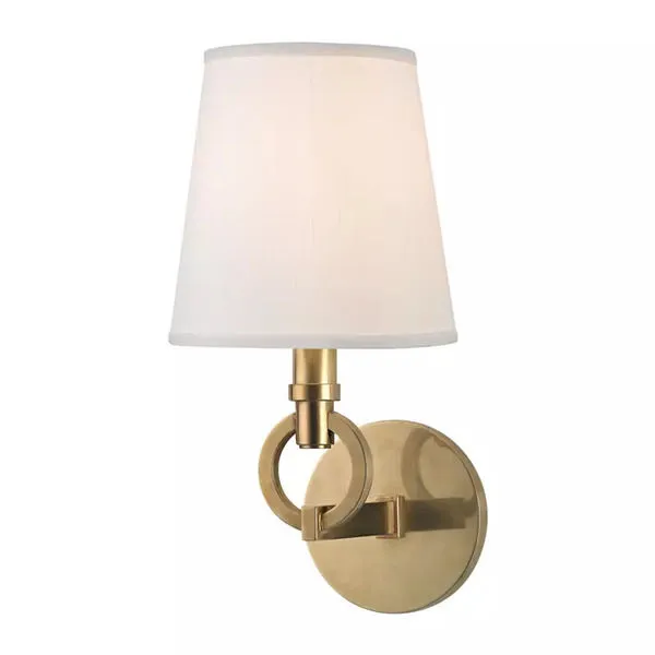 Malibu 1 Light Wall Sconce with brass finish, circular metal arm, and white tapered fabric shade