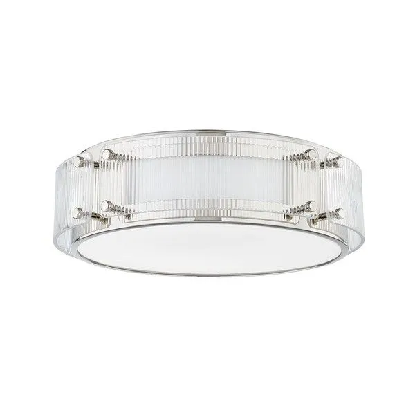 Ceiling flush mount light with polished nickel rectangular metal panels and curved ribbed glass shade