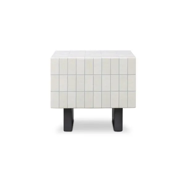 Square outdoor side table with glazed concrete top featuring a white grid pattern and matte black metal-inspired legs