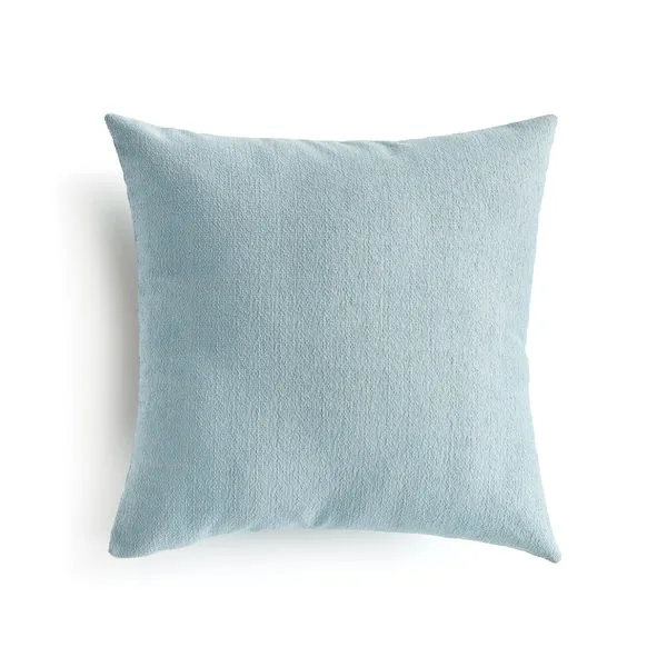 Cooper Square pillow with woven light blue Jacquard fabric, square shape, and plush recycled fiber filling