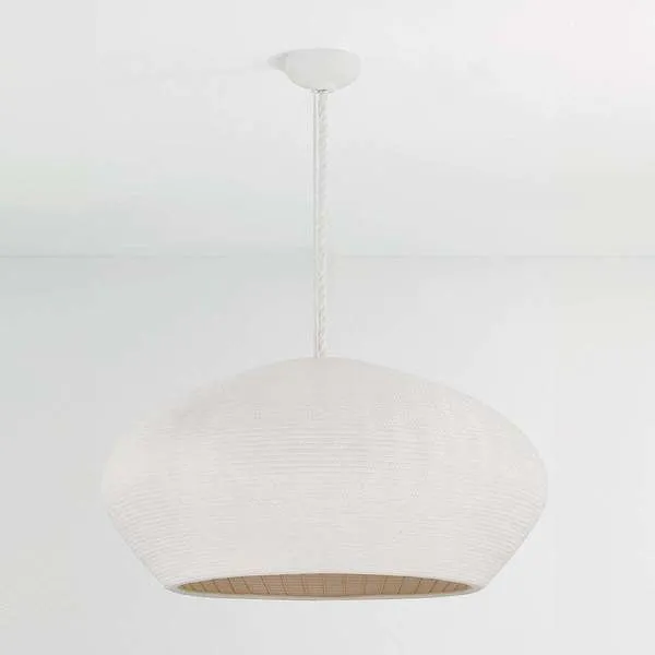 Slightly angled front view of pendant lamp showing white cotton coil texture and warm light