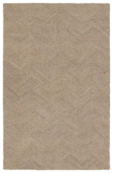 5x8 foot hand-tufted tan and gray rug with chevron and geometric linear textured pattern