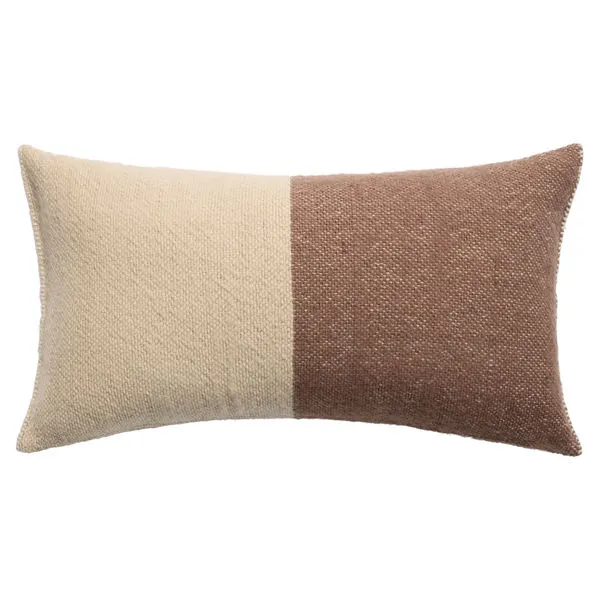 Handmade rectangular pillow with half solid brown and half cream woven cotton texture