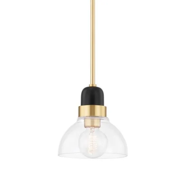 Camile 1 Light Small Pendant with clear glass dome shade, brass and black fixture, and adjustable brass rod
