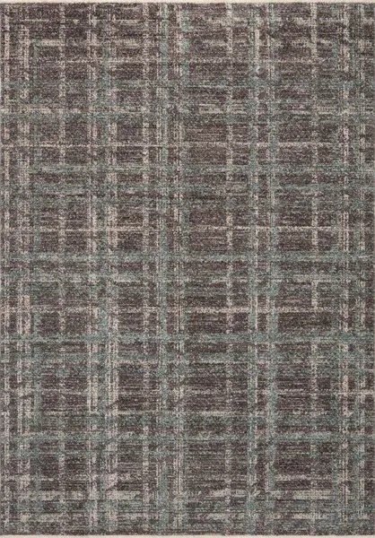Ember Espresso multi rug with a modern flatweave plaid pattern in shades of brown, taupe, and teal