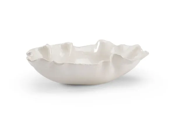 Hand-glazed white Italian ceramic freeform bowl with undulating edges resembling a shell